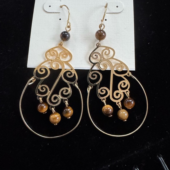 Vintage Jewelry - Vintage Gold Filigree Tigers Eye Teardrop Earrings